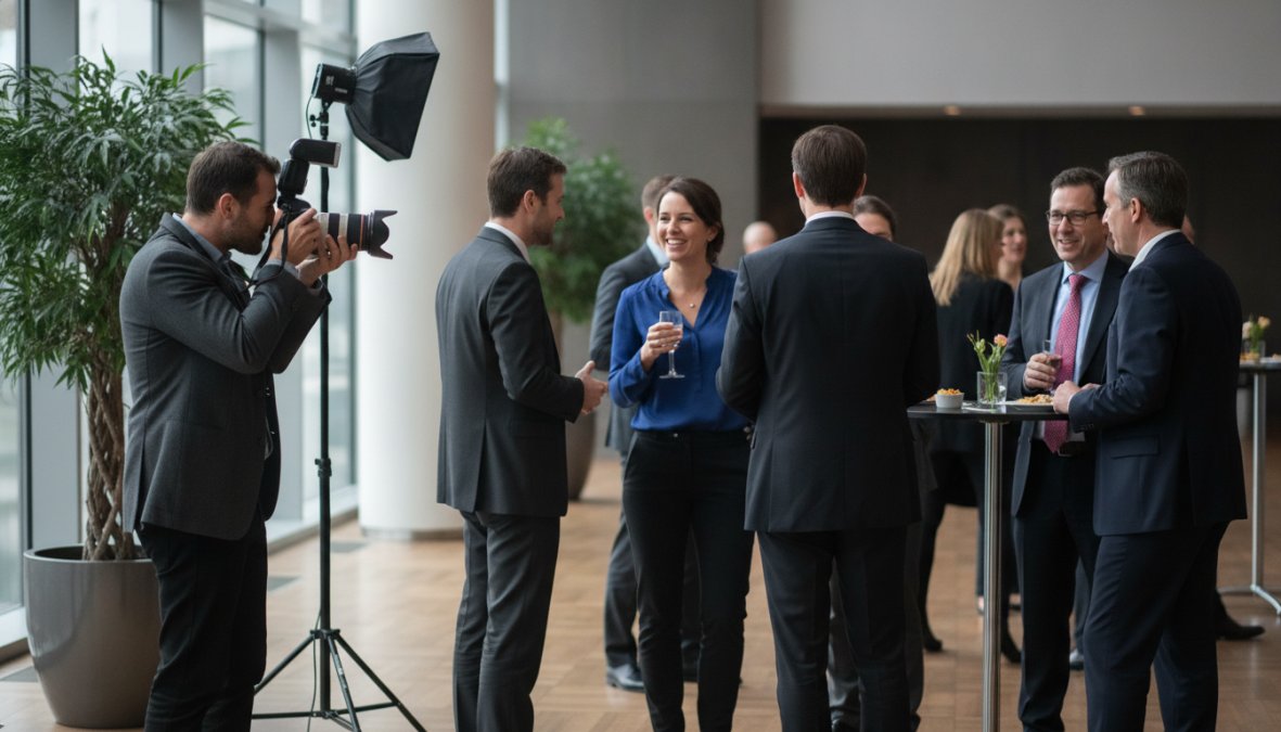 Professional photographer with camera and wireless flash capturing candid moments of conference attendees networking in a well-lit venue, demonstrating unobtrusive positioning and proper equipment setup