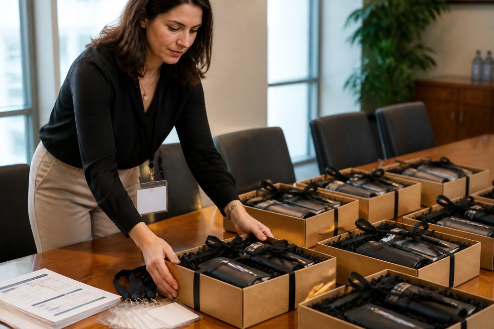 Event planner arranging branded gift boxes on a conference room table, speaker badge and schedule visible, soft natural window light