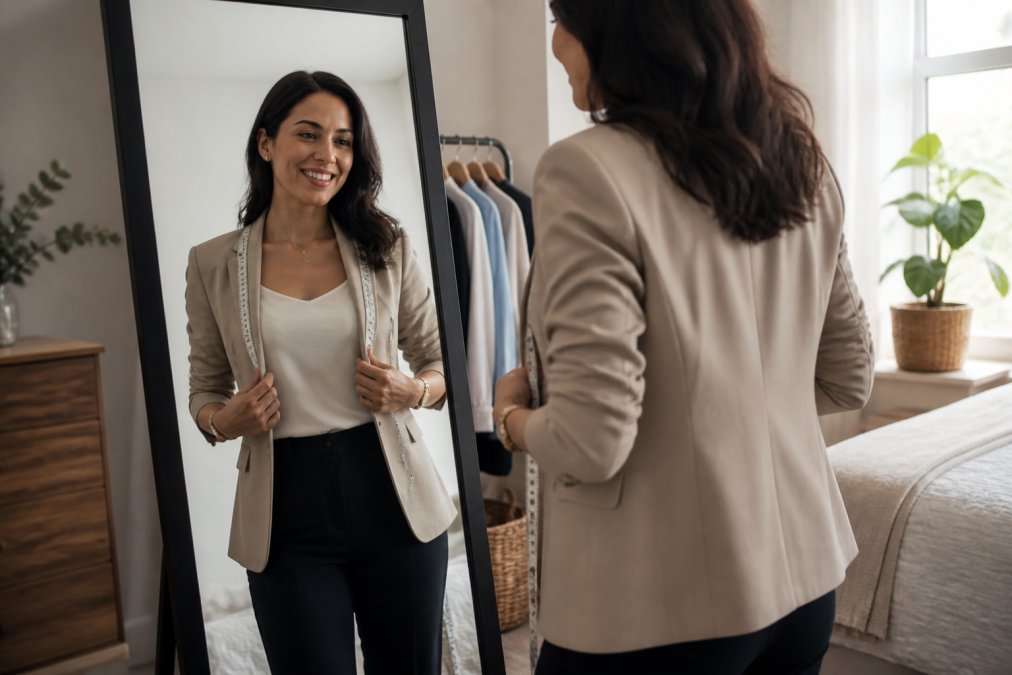 A woman standing before a full-length mirror in a sunlit bedroom, smiling while smoothing the fit of a tailored blazer over a seamless camisole, a soft measuring tape draped over her shoulder