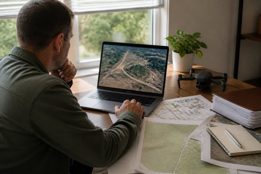 A land developer reviewing aerial drone footage of a rural property on a laptop screen in a home office, with topographical maps and property documents spread across the desk