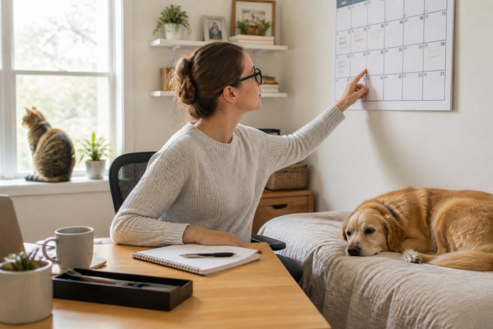 A busy professional in a bright home office glancing at a wall calendar with pet care reminders, a dog resting on a nearby bed and a cat sitting on a windowsill, warm organized lighting