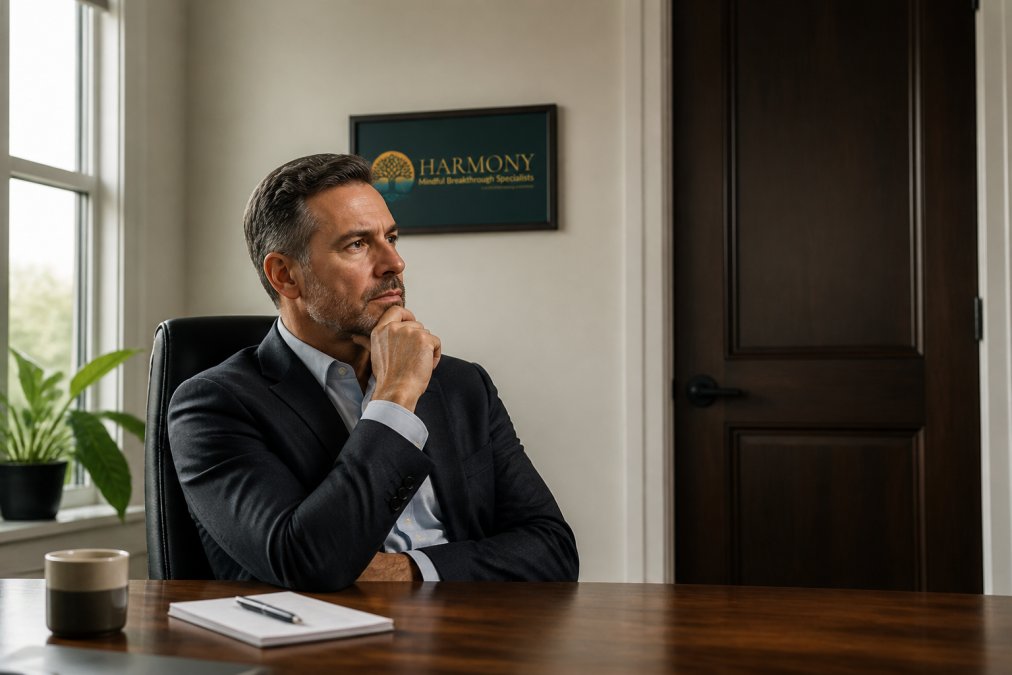 Professional reflecting in a private office setting