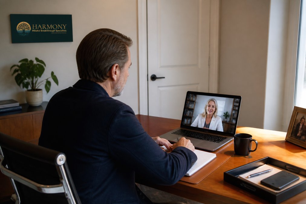 Clinician meeting by telehealth with a professional in a private setting