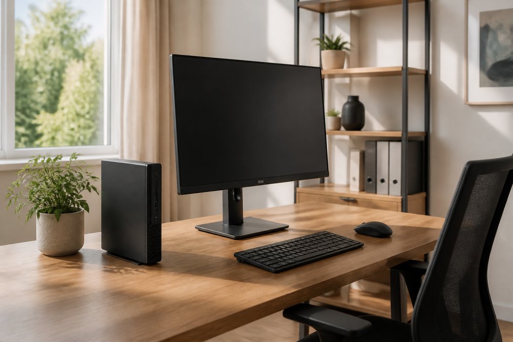 Secretária organizada com computador para escritório compacto, monitor e acessórios sem fios em ambiente iluminado.