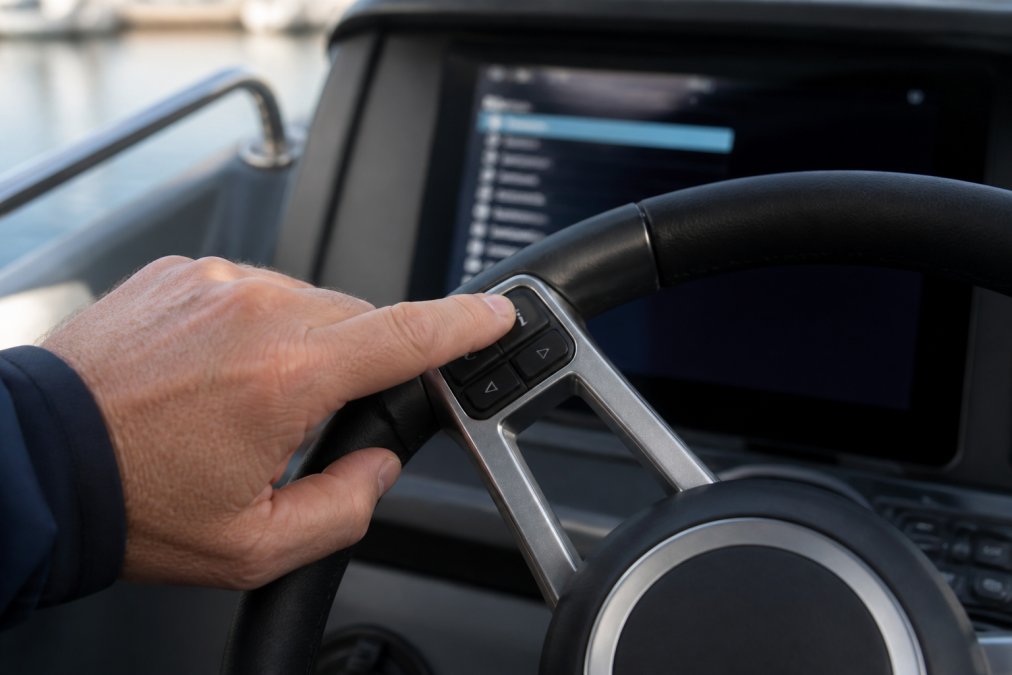 Professional captain's hand pressing the info button on a steering wheel control panel with a multi-function display screen visible in the background showing the setup menu interface