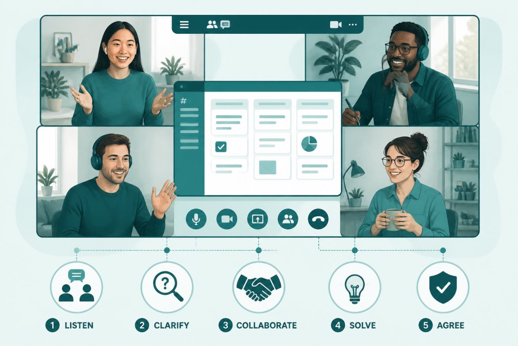 Professional illustration showing conflict resolution strategies for remote teams