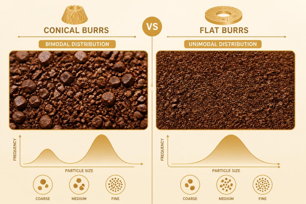 Side-by-side comparison of conical vs flat burrs