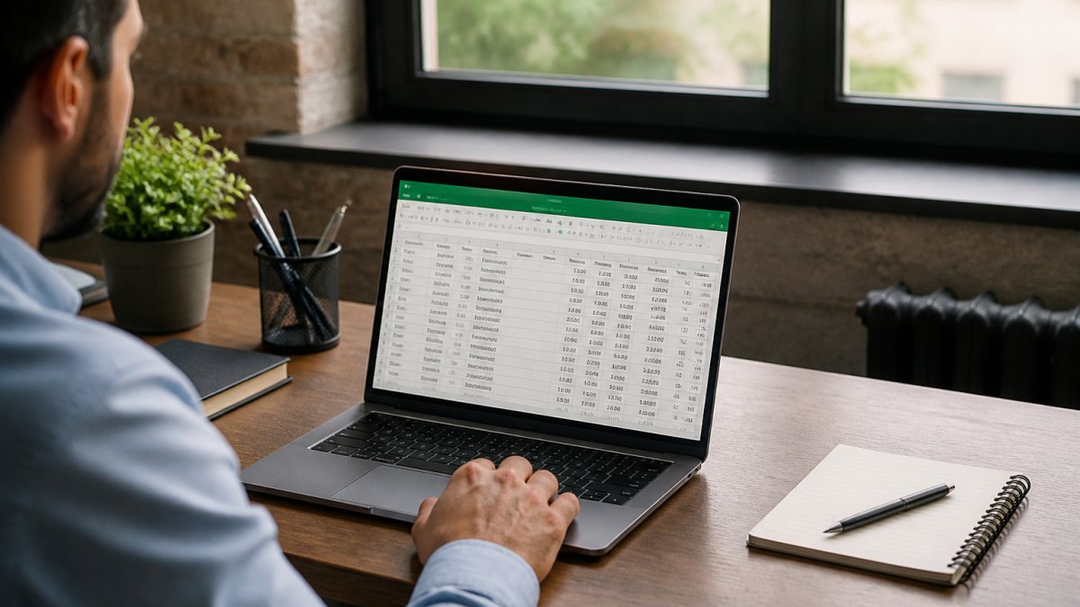 Finance professional at desk with laptop displaying Google Sheets containing bank transaction data, notebook and pen nearby, natural office lighting from window