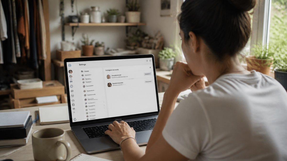 Business owner using Meta Business Suite settings to connect Facebook Instagram accounts on a laptop screen