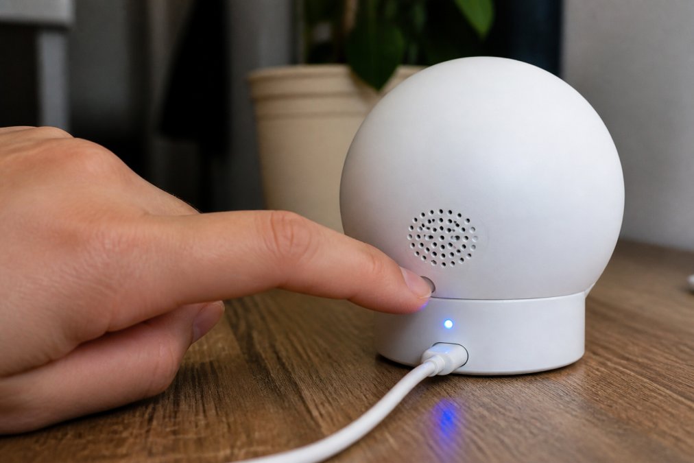 Close-up of a hand pressing a small reset button on a smart home device with an LED indicator light glowing blue, indicating pairing mode is active