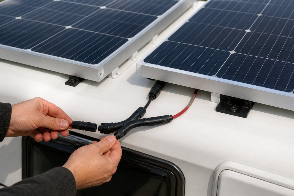 Close-up of two solar panels mounted on a caravan roof with MC4 connectors and Y-branch adapter being connected, showing the positive and negative terminals clearly