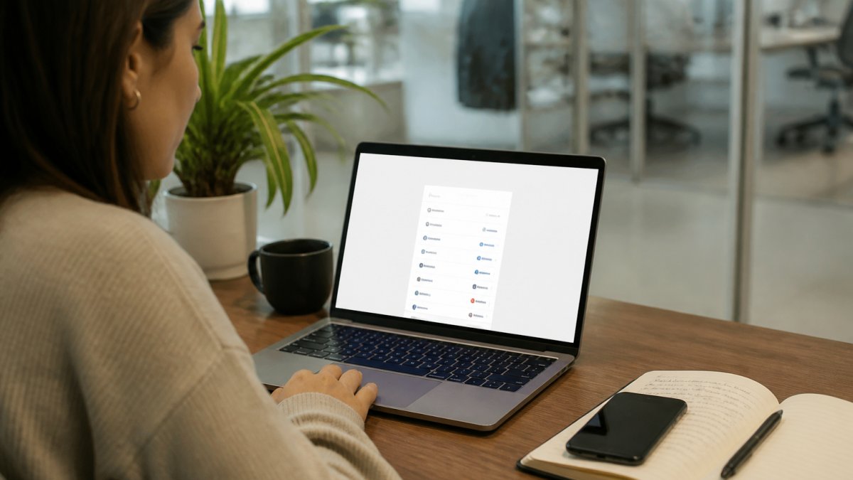 A finance team member at a desk reviewing a laptop screen showing a bank consent flow, with a notebook and coffee nearby in a bright modern office