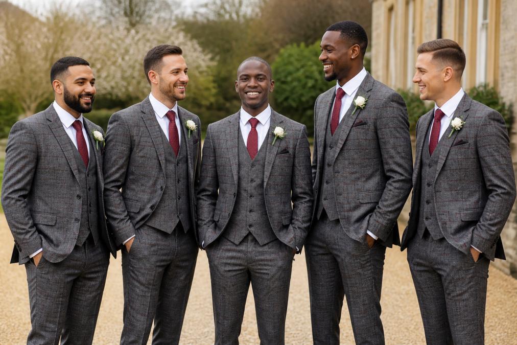 Groom and groomsmen standing together in coordinated formal suits including dark grey checked fabric, showing colour harmony and fit consistency across different body types in natural outdoor lighting