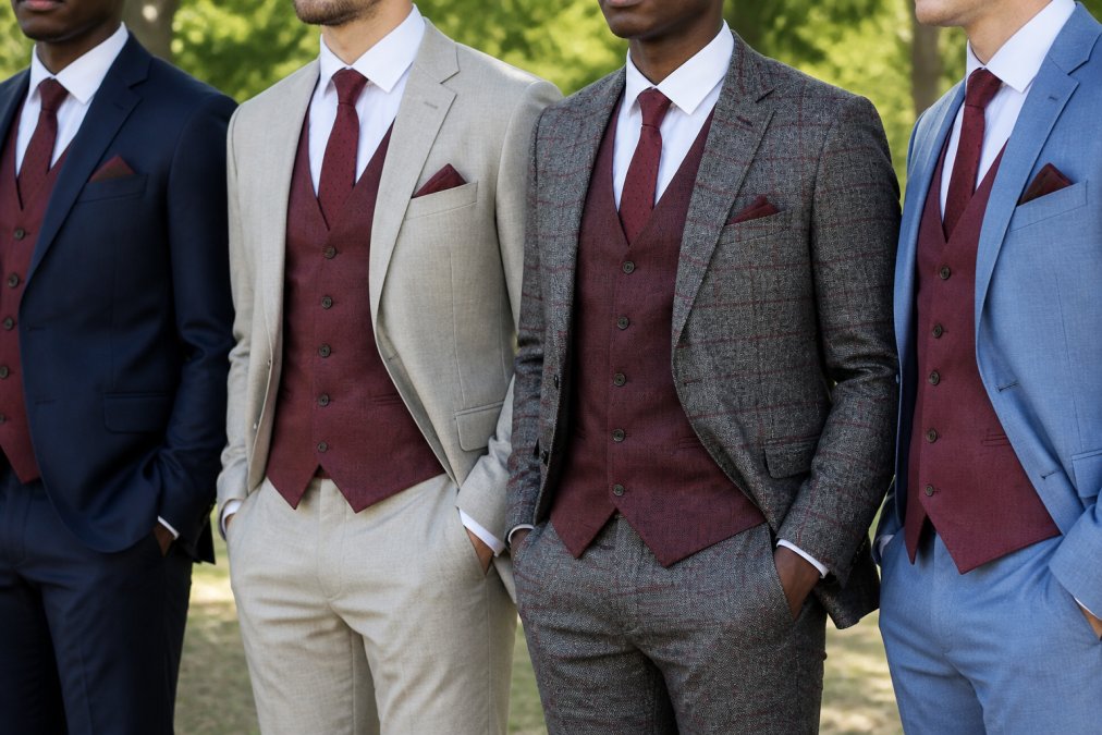 Close-up of groomsmen wearing coordinated formal attire including matching burgundy waistcoats and pocket squares over different coloured suit jackets, showing accessory coordination detail with natural lighting