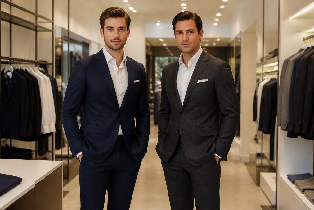 Two well-dressed men standing side by side in smart-casual formal attire, one in a slim-fit navy suit and one in a classic charcoal suit, photographed against a clean white background in a bright modern retail environment with warm overhead lighting