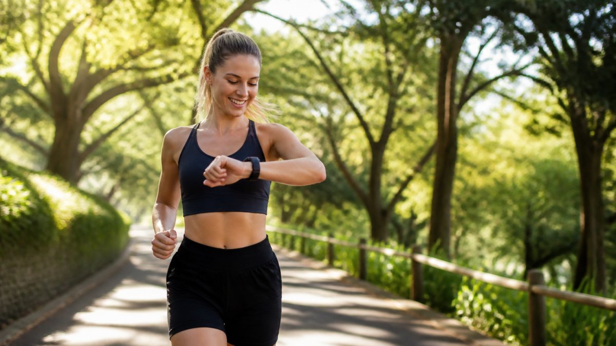 Runner checking their watch and smiling mid-stride on a tree-lined park path with morning light filtering through branches