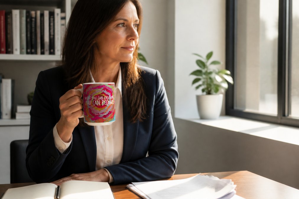 Professional woman at her desk in morning light, holding an inspirational ceramic mug with a focused, contemplative expression, natural office lighting streaming through window