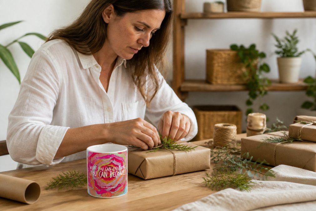 Woman's hands carefully wrapping a gift with sustainable materials, focusing intently on arranging the present with intention and care, natural lighting
