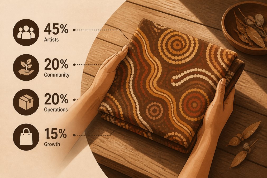 A pair of hands gently holding a folded textile featuring bold Indigenous Aboriginal dot painting patterns in ochre, red, and cream, resting on a weathered wooden table bathed in warm afternoon sunlight