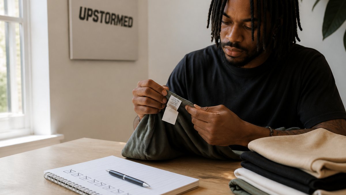 Person thoughtfully examining a clothing label and tag while holding a garment in natural light, with a notepad and pen nearby showing a checklist