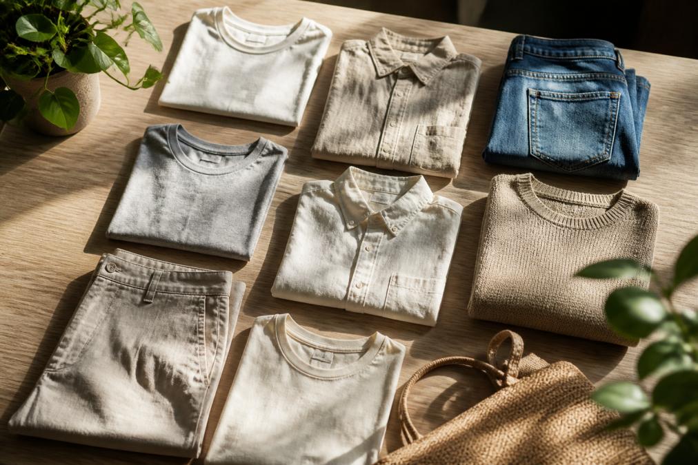 Overhead flat lay of folded neutral-colored basics including organic cotton t-shirts, linen shirts, and recycled denim on a light wooden surface with natural morning sunlight streaming across
