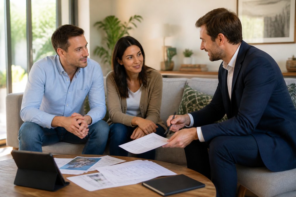 Un conseiller immobilier en conversation directe avec un couple de clients dans un salon lumineux, montrant une relation de proximité et de confiance personnelle, avec des documents et une tablette sur la table
