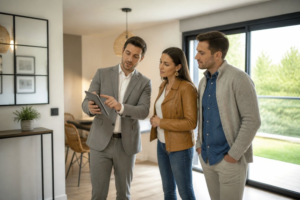 Un professionnel de l'immobilier et un couple examinant un bien ensemble lors d'une visite, avec des outils numériques visibles (tablette ou smartphone avec visite virtuelle), dans un intérieur lumineux
