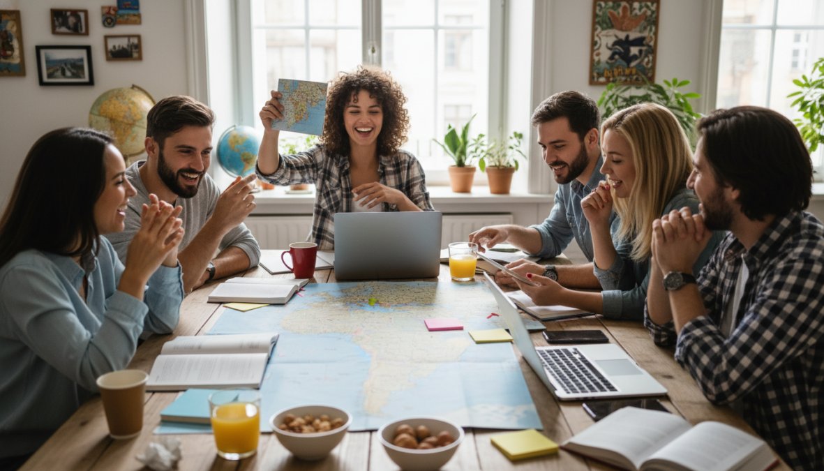 Grupo diverso de amigos sentados alrededor de una mesa de madera con mapas desplegados, laptops abiertos y vasos de bebida, gesticulando animadamente mientras planifican un viaje, iluminados por luz natural de ventana