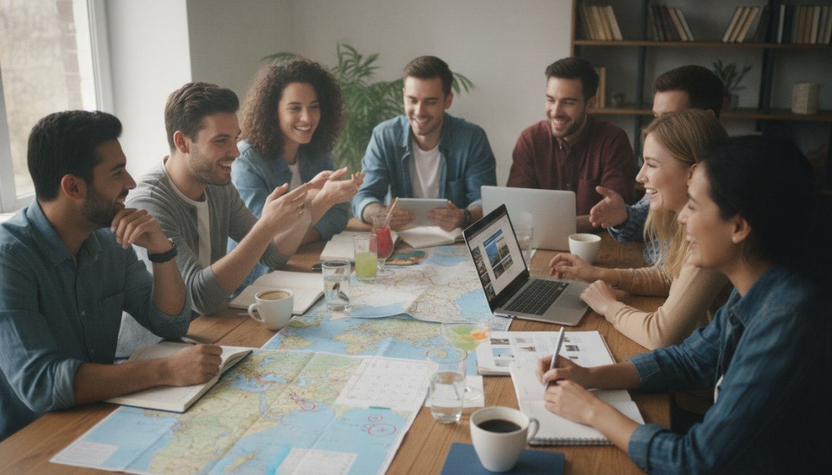 Un grupo animado de siete amigos reunidos alrededor de una mesa de madera con mapas desplegados, laptops abiertos y vasos de bebida, señalando destinos en el mapa y riendo bajo una luz cálida de interior