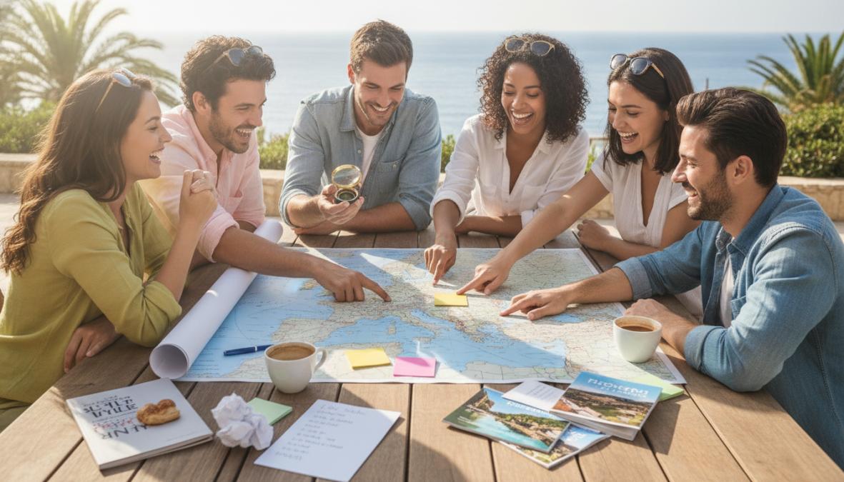 Grupo de ocho amigos celebrando en una terraza de villa frente al mar con decoración de despedida de soltera, copas en mano y sonrisas amplias, bajo el sol brillante de un destino tropical con palmeras al fondo