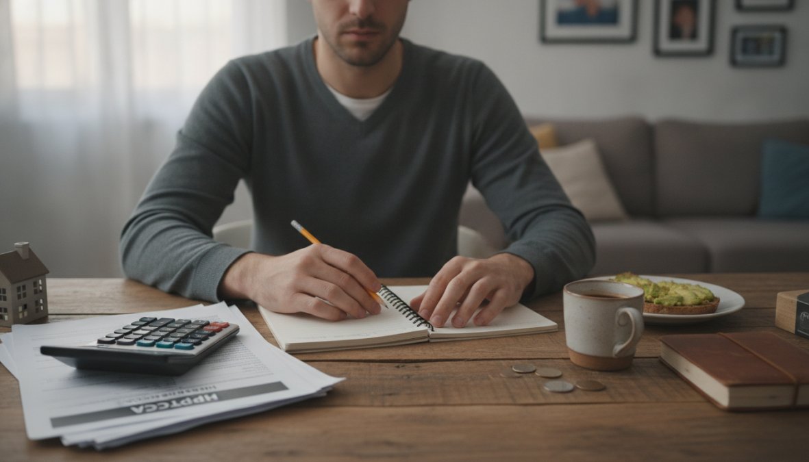 Joven adulto sentado en un escritorio de casa revisando documentos hipotecarios y papeles financieros, con una calculadora y un cuaderno de notas, en un ambiente de oficina en casa bien iluminado