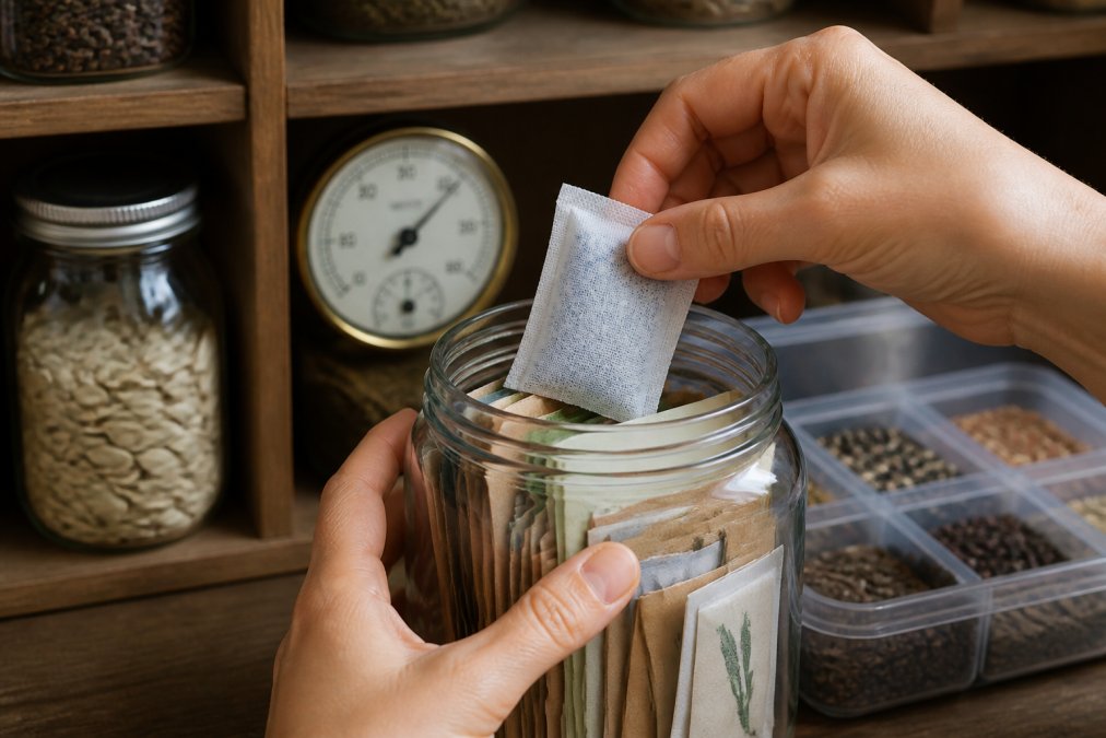 Close-up of hands placing a small silica gel packet into a glass jar filled with labeled seed envelopes, with a hygrometer visible in the background on a wooden shelf