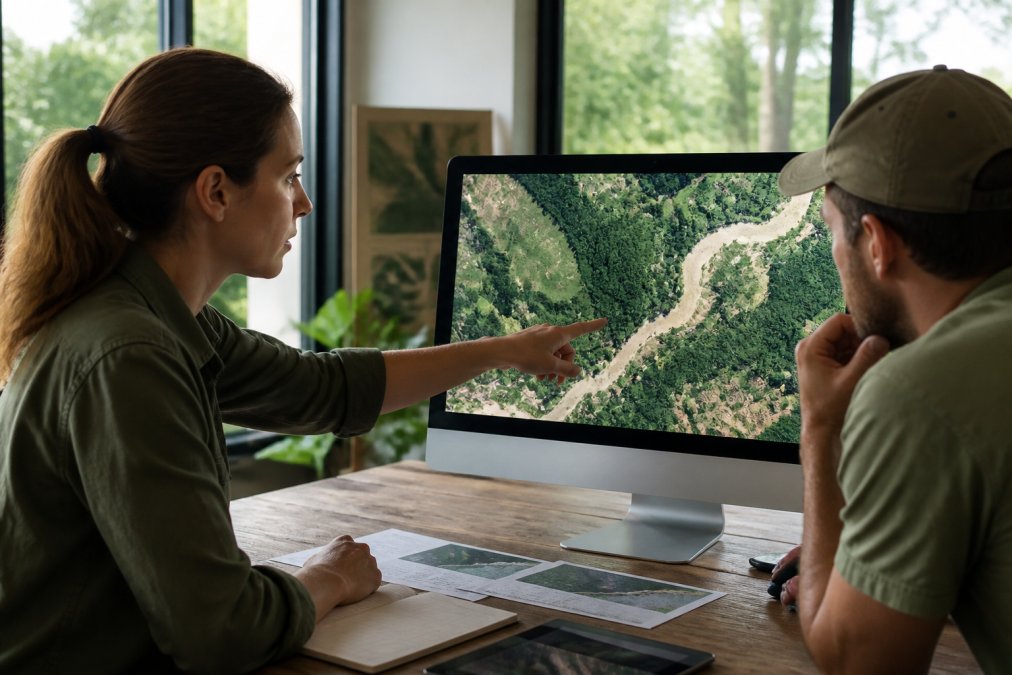 Conservation team in modern office reviewing satellite imagery on large desktop monitor, pointing at color-coded habitat zones and landscape features displayed in GIS software, natural daylight from windows