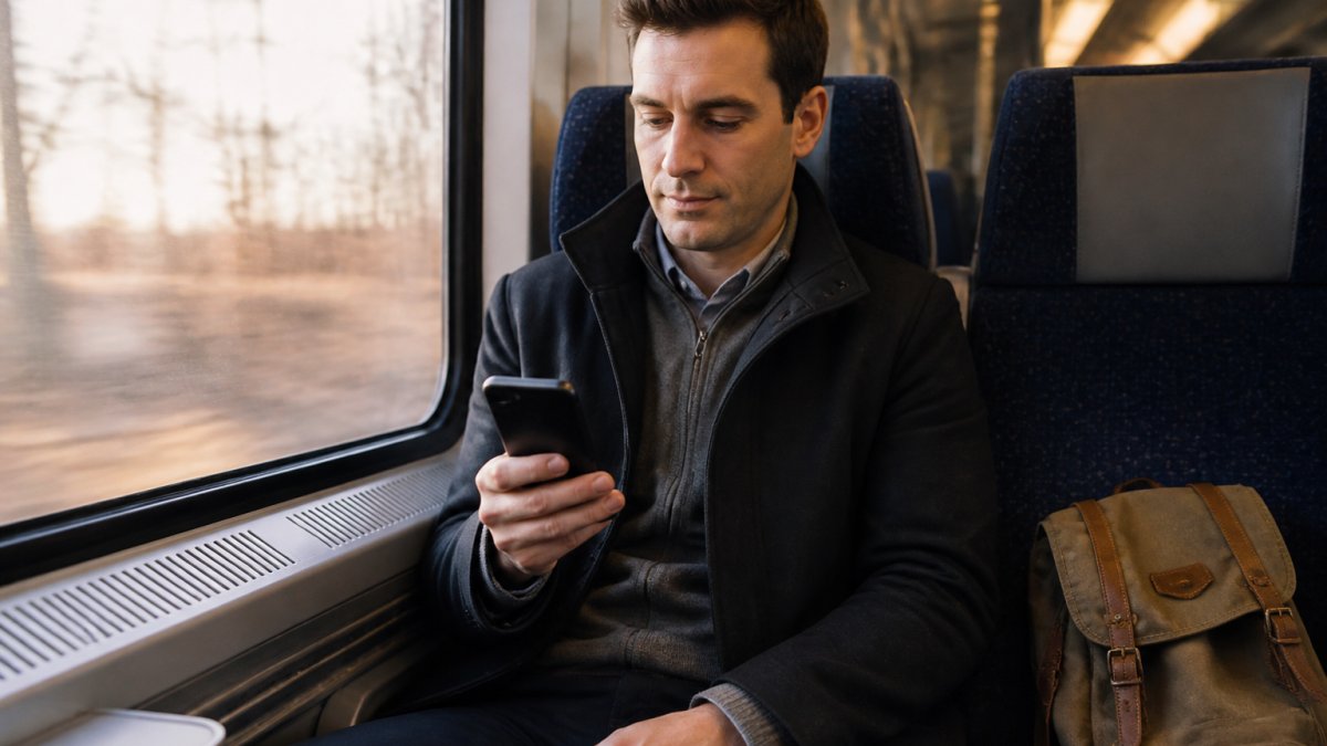 A person commuting on a train, holding a smartphone showing a clean news feed, morning light through the window, backpack on the seat beside them