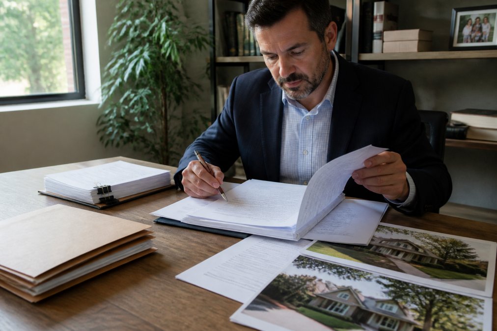 Real estate agent reviewing legal documents and appraisals for a conservatorship real estate sales file at a desk