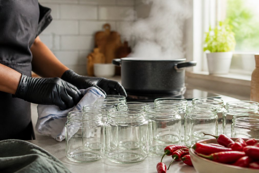 Bocaux en verre propres alignés sur une surface de travail, mains portant des gants de protection préparant les contenants, vapeur montant d'une casserole d'eau chaude en arrière-plan, cuisine bien éclairée