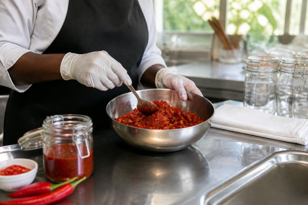 Mains avec gants de protection préparant une pâte piment dans une cuisine propre, cuillère en inox, surface de travail désinfectée, éclairage naturel