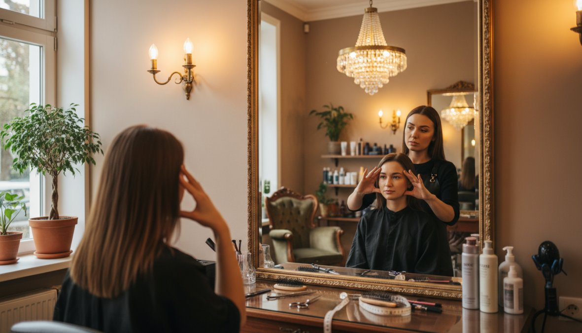 Una hair stylist professionista in salone che analizza con attenzione la morfologia del viso di una cliente seduta davanti a uno specchio illuminato, con luce calda e attrezzatura professionale sullo sfondo