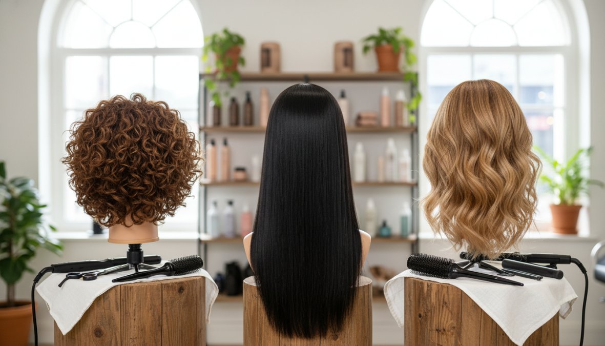 Primo piano di tre donne affiancate che mostrano tre diverse texture di capelli: ricci voluminosi e definiti, lisci lucenti e compatti, mossi naturali con onde morbide, su sfondo neutro con illuminazione studio elegante