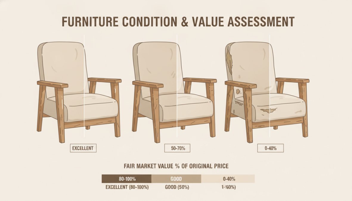 Close-up of upholstered furniture showing visible wear patterns, fading on fabric, and a small stain on the arm under natural daylight, with a tape measure showing dimensions