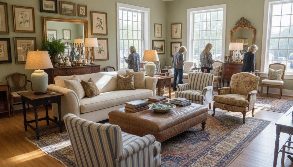 A beautifully staged living room display with curated pre-loved furniture and home decor items arranged in a welcoming aesthetic, featuring a mix of vintage and contemporary pieces under warm lighting