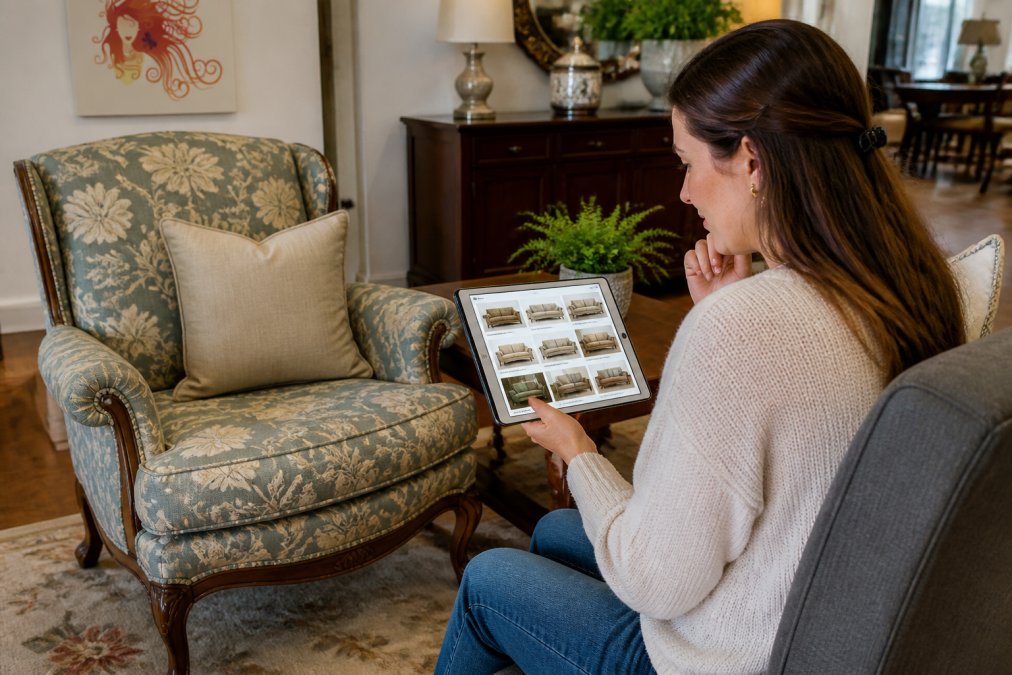 A well-lit living room scene showing a mix of furniture styles, with a person comparing a tablet displaying a big box store website next to a unique consignment armchair