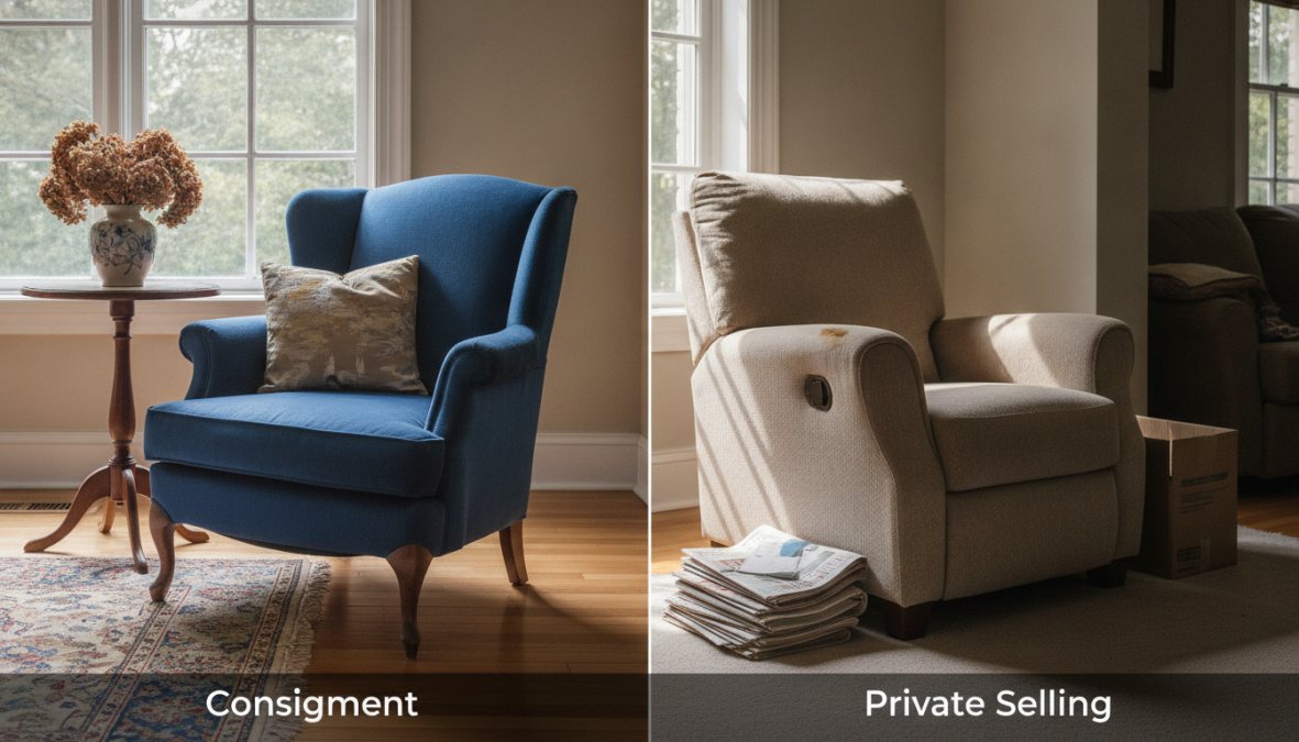 Visual comparison chart showing person and carefully and photographing concepts for consignment vs selling furniture