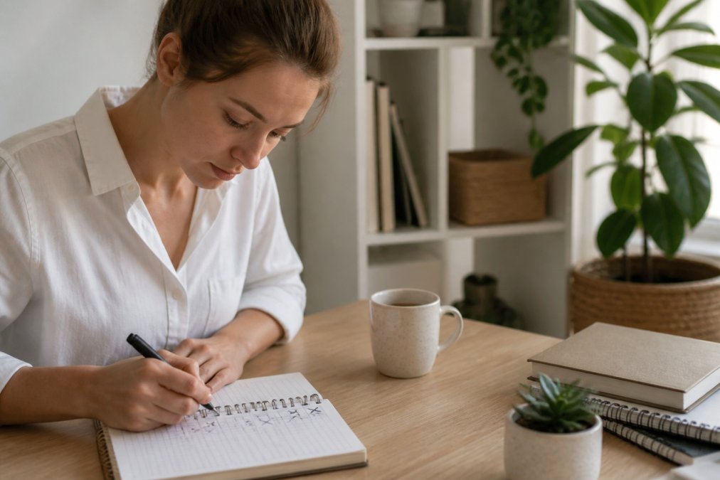 A person sitting at a desk with a notebook and pen, looking at a simple habit tracker on paper, with a calm and focused expression in a bright home office