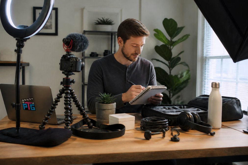 Content creator organizing props and a shot list for a batch filming content creation workflow in a home studio.