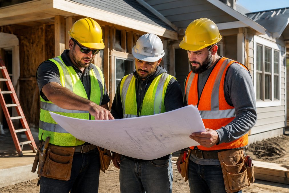 A construction team of three workers in safety gear standing together on a residential job site, reviewing blueprints and discussing plans with focused attention and clear communication