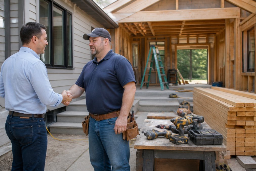 A homeowner shaking hands with a construction foreman at the entrance of a home addition project, with a clean job site visible in the background and professional equipment organized neatly