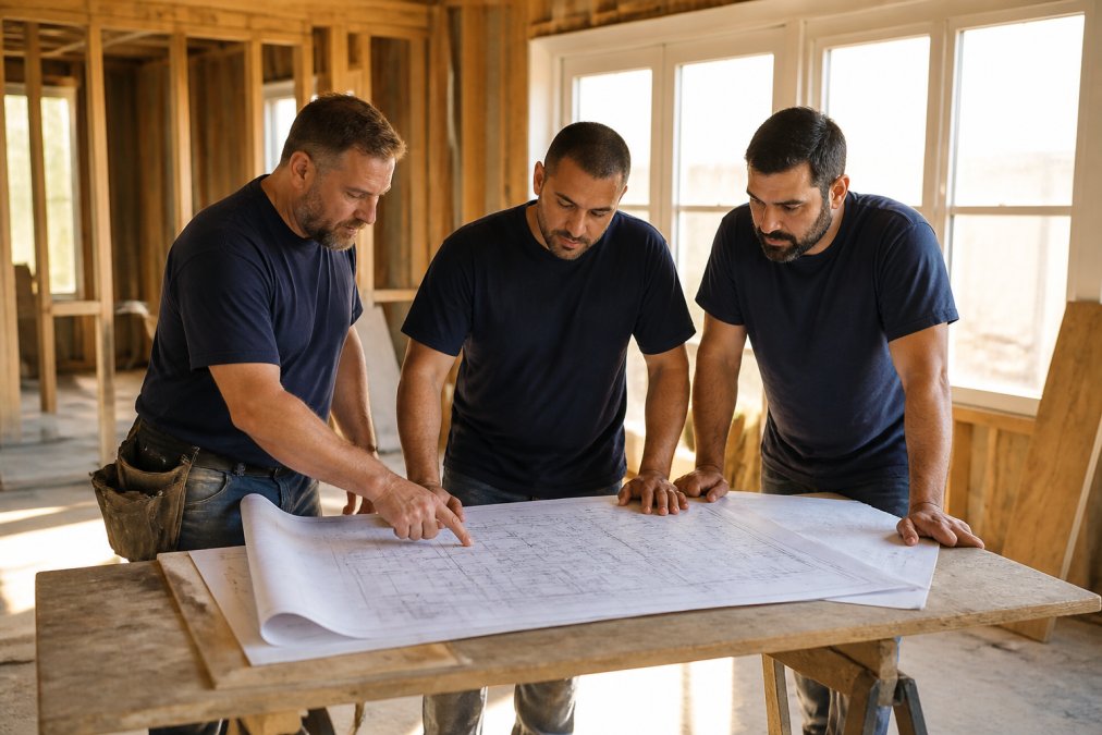 Three construction workers in matching branded shirts standing together at a residential job site reviewing architectural blueprints spread across a workbench, with morning sunlight streaming through the windows
