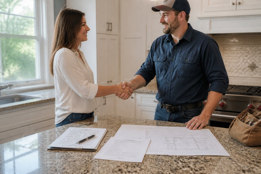 A homeowner and contractor standing at a kitchen counter shaking hands, with a printed project estimate, timeline document, and architectural drawings visible on the granite surface between them, natural window light illuminating the space
