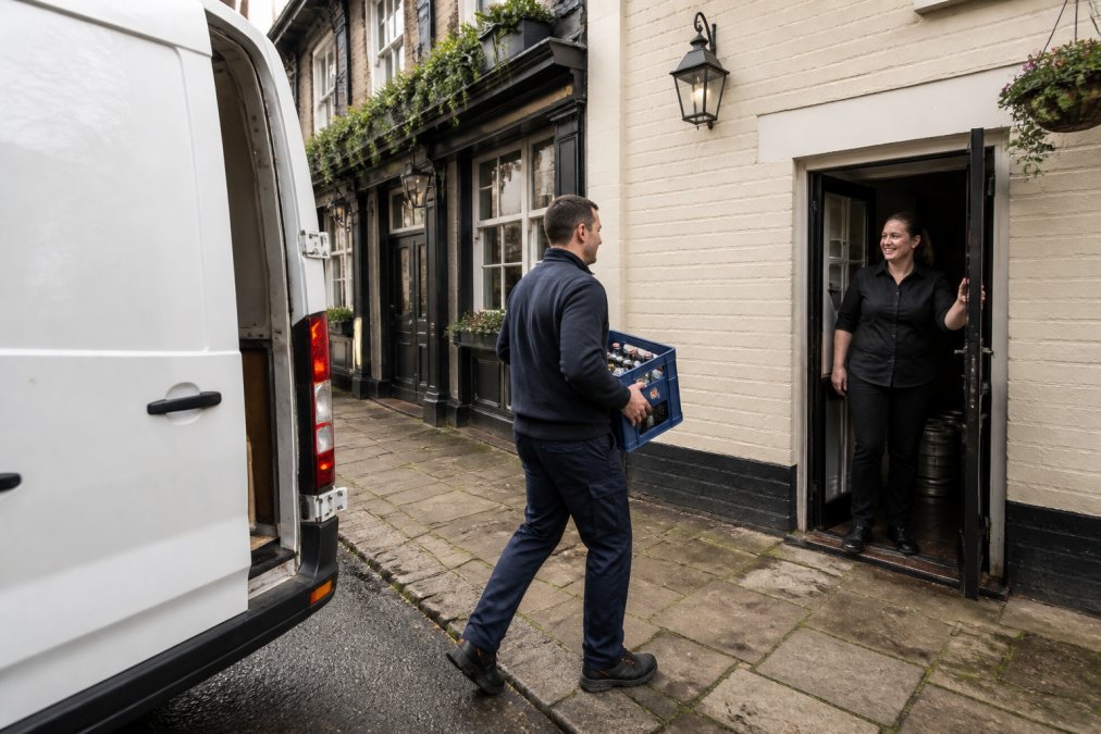 A white delivery van parked outside a traditional British pub on a quiet morning street, with a delivery driver carrying a crate of drinks towards the side entrance and a staff member holding the door open